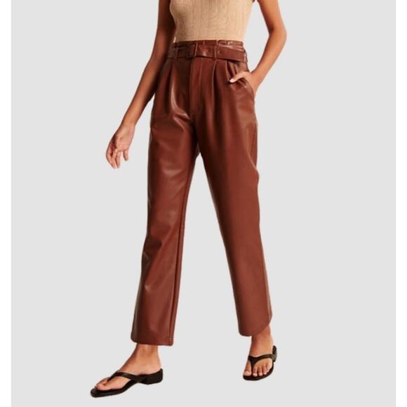Abercrombie & Fitch Paperbag Belted Straight Leg Pants Faux Leather, Brown NWT - Picture 2 of 12